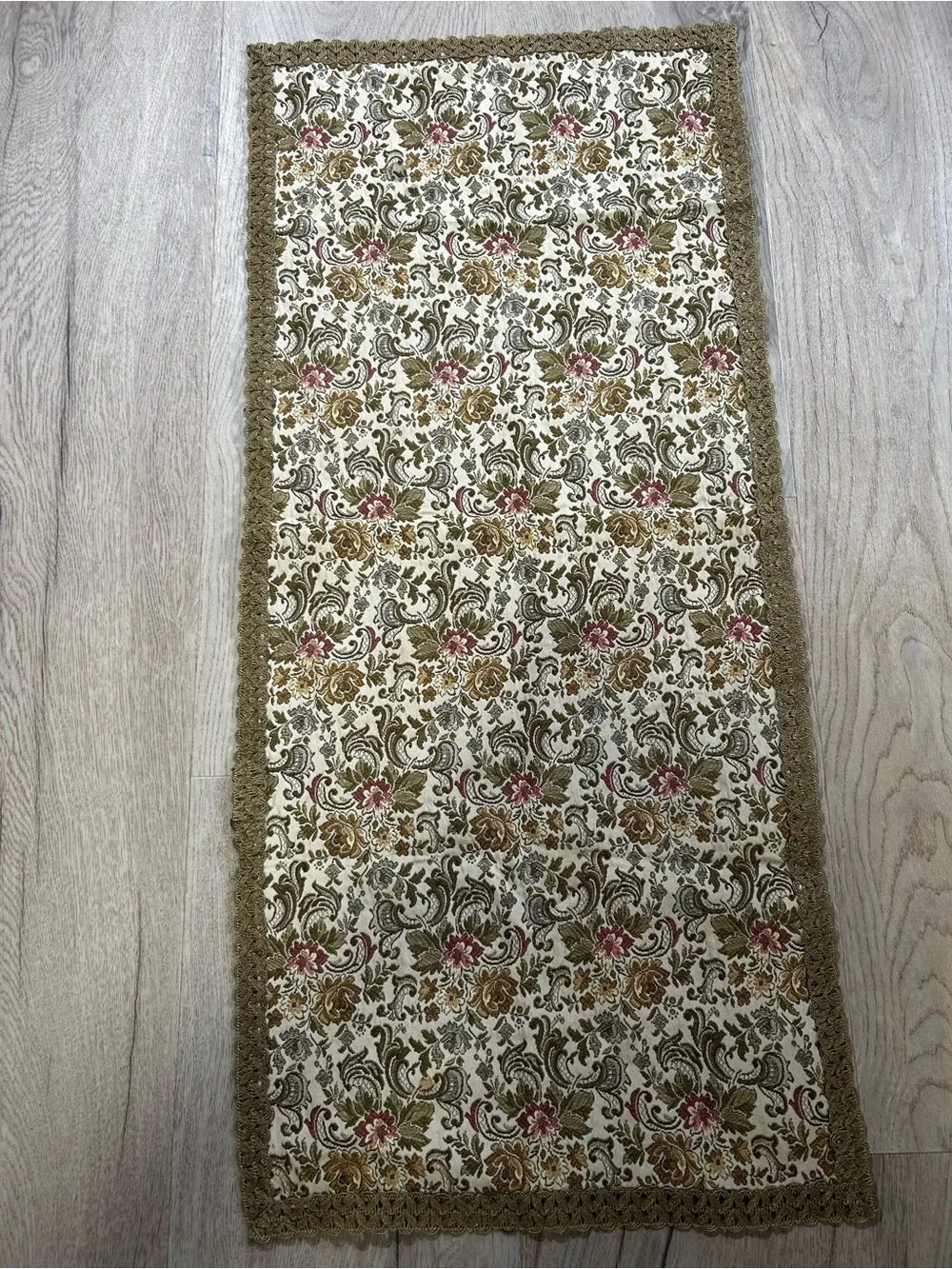 Vintage Floral Table Runner in Cream, Olive & Gold Trim